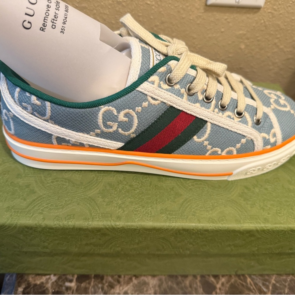 Gucci Blue Canvas Sneakers with Red and Green Accents